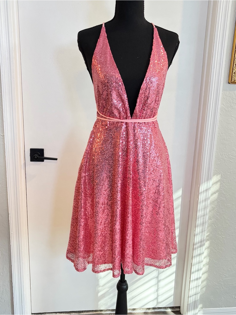 Pink Sequin Plunge V-Neck Party Dress size medium